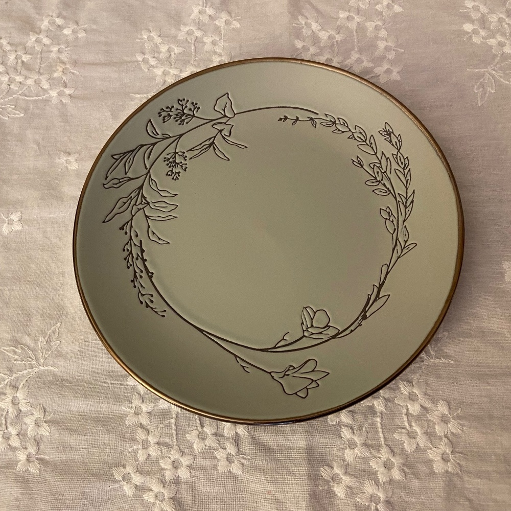 Stoneware Salad or Lunch Plates; Set of Four; Never Used; Etched; Gold Rim